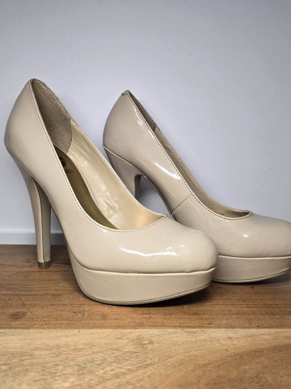 G by Guess Patent Platform Pumps in Nude Beige